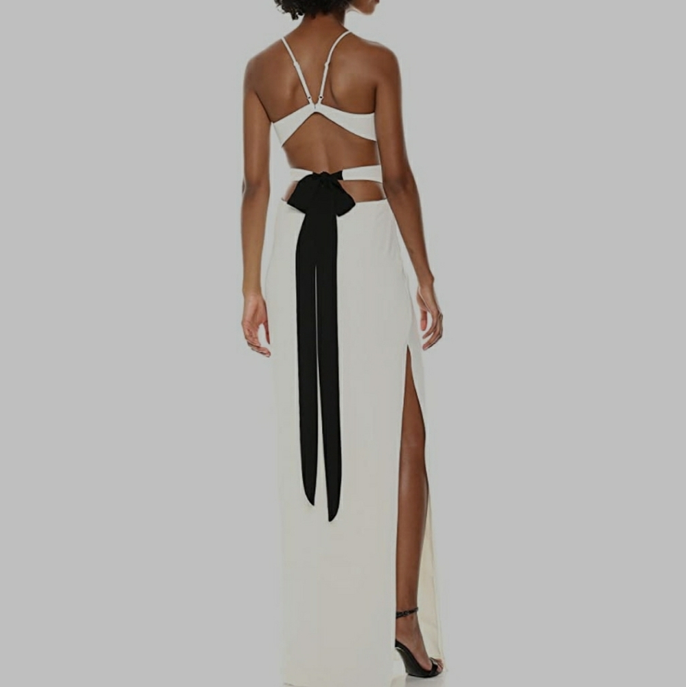 Halston Heritage High Neck Tie Back Evening Gown